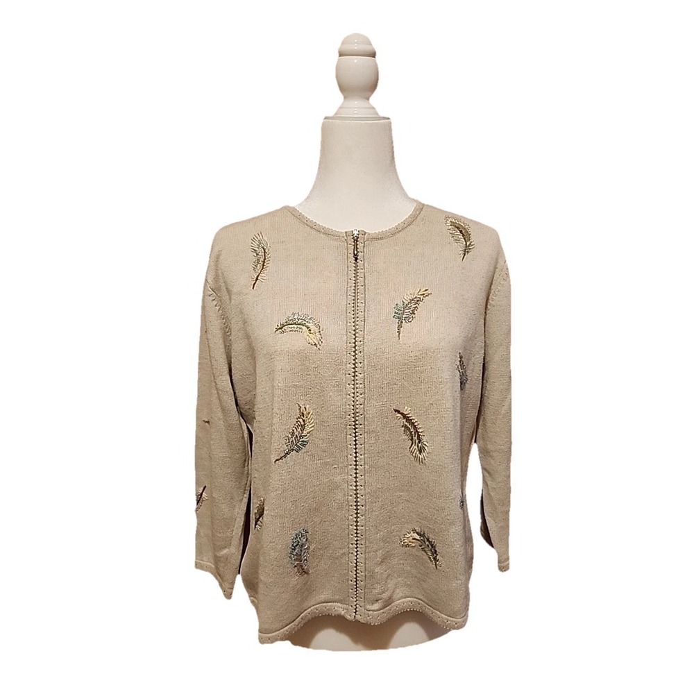 Womens Linen Blend Cardigan Sz PM Feather Beads Embroidery Cottage Whimsy Boho